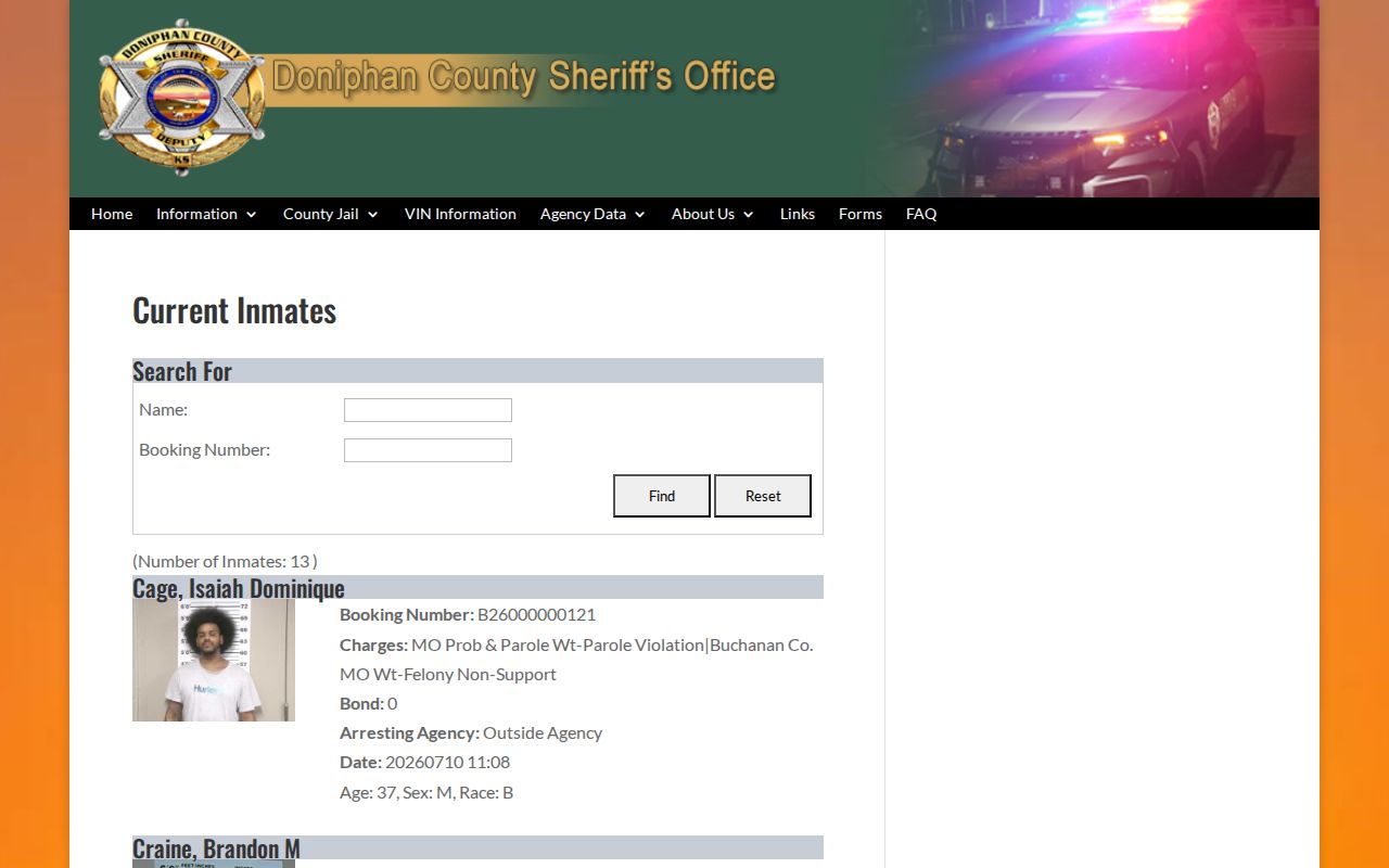 Doniphan County Jail current roster used before a release search