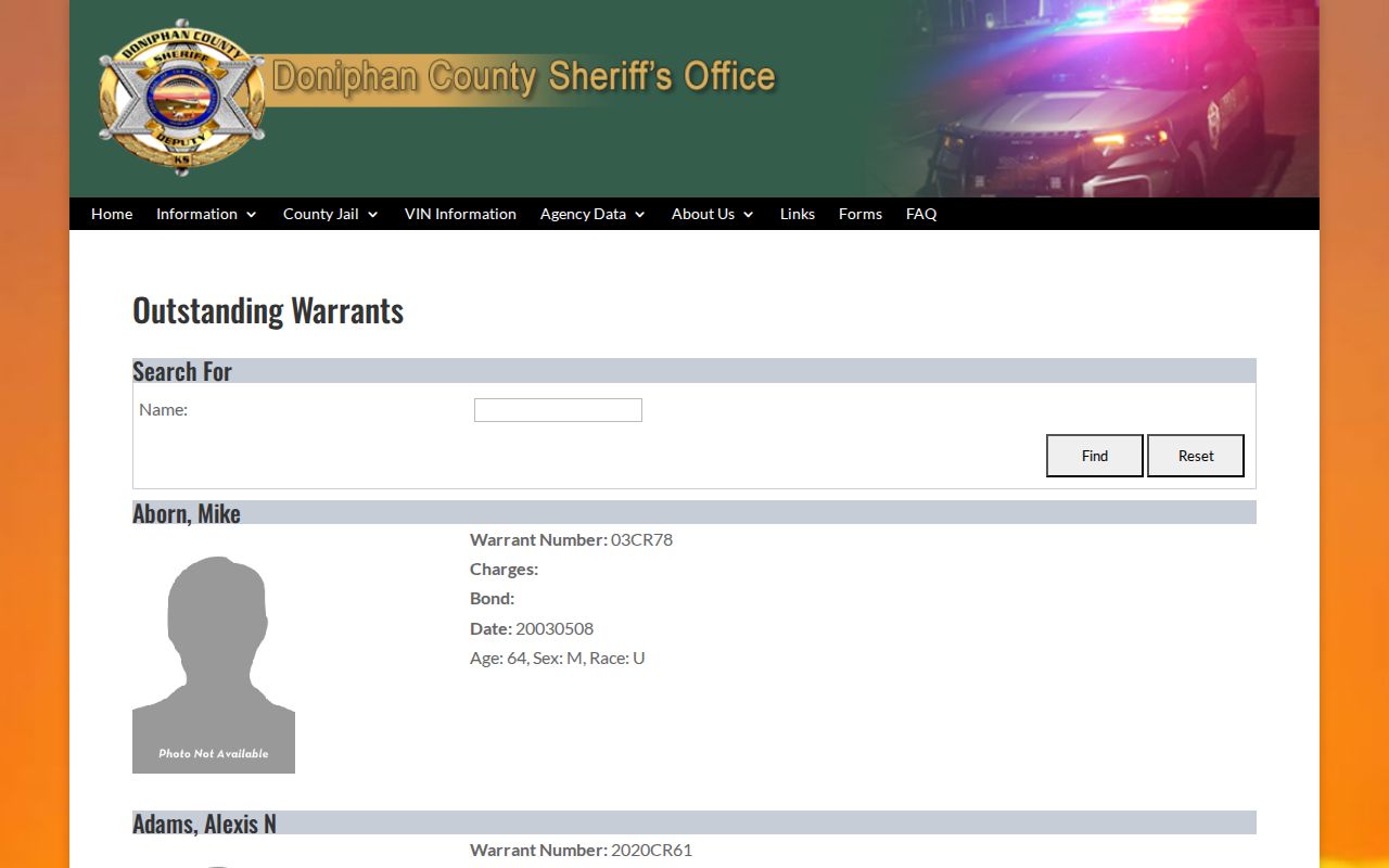 Doniphan County warrant records distinct from parole and probation status